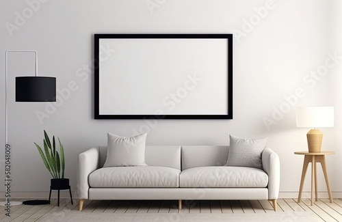 Blank black vertical picture frame hanging above a white couch. Mock up template for Design or product placement created using generative AI tools