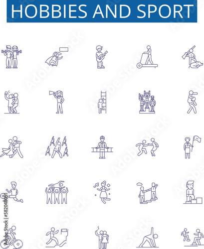 Hobbies and sport line icons signs set. Design collection of sport, hobbies, hiking, running, yoga, swimming, cycling, fishing outline concept vector illustrations