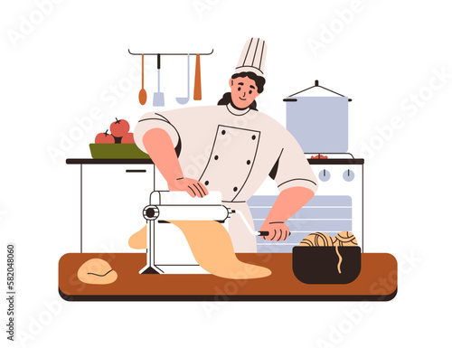 Chef makes Italian pasta with roller cutter machine. Food maker cooking fettuccine own production, rolling homemade dough at restaurant kitchen. Flat vector illustration isolated on white background