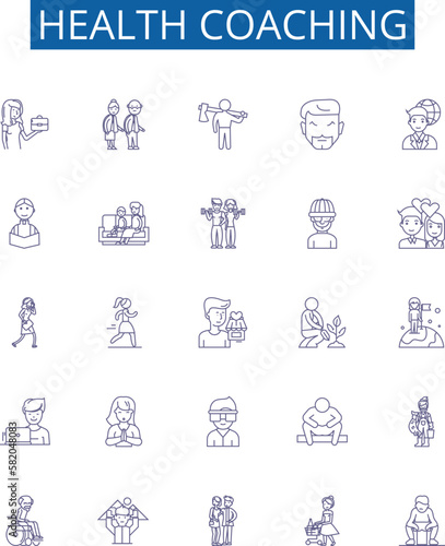 Health coaching line icons signs set. Design collection of Wellness, Nutrition, Exercise, Habits, Training, Lifestyle, Diet, Change outline concept vector illustrations