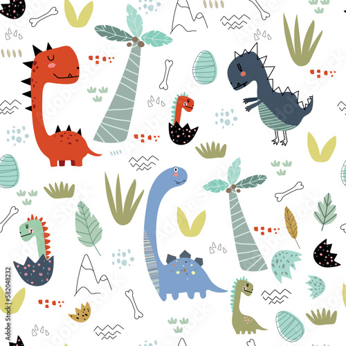 Baby seamless pattern with cute dinosaurus, plants, eggs, bones, mountains. Creative vector childish background for fabric, textile, nursery wallpaper. Vector Illustration. © Юлия Ткачук