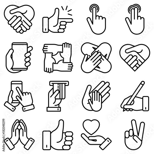 Hands gestures thin line icons set: handshake; easy sign; single tap; 2 finger tap; holding smartphone; teamwork; mutual help; swipe; insert credit card; prayer. Modern vector illustration.