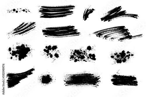 A set of brushstrokes. A collection of vector black lines, for grunge design and decor, isolated on a white background.