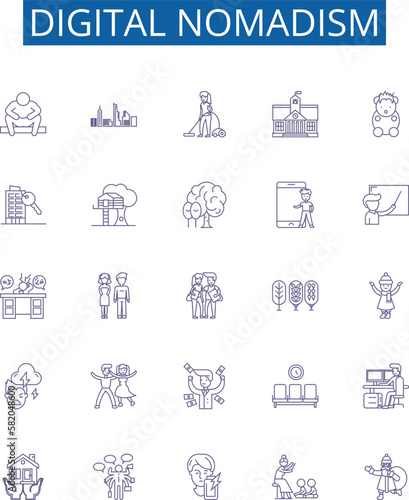 Digital nomadism line icons signs set. Design collection of Voyaging, Globetrotting, Remote Working, Freelancing, Telecommuting, Location Independent, Mobile Working, Digital Nomadism outline concept