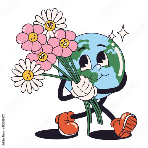 Stickers in trendy retro cartoon style. Earth Day concept. World Environment Day. Walking happy cute Earth planet character mascot with flowers. Vector illustration	