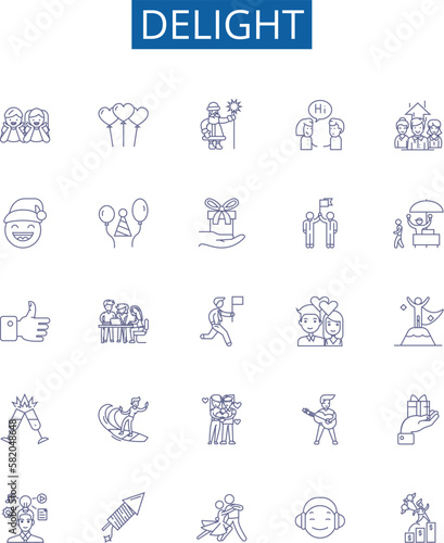Delight line icons signs set. Design collection of Joy, Appeal, Gratify, Thrill, Enchant, Amuse, Satisfy, Elate outline concept vector illustrations