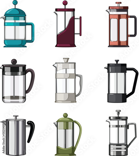 french press coffee set cartoon vector illustration