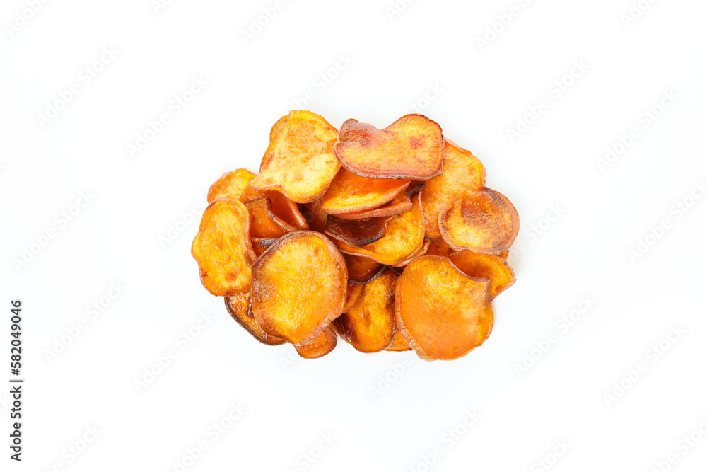 Concept of tasty food - sweet potato fries, isolated on white background Concept of tasty food - sweet potato fries, isolated on white background