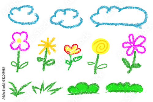 set vector crayon effect cloud, flower and grass, colorful, isolated on white