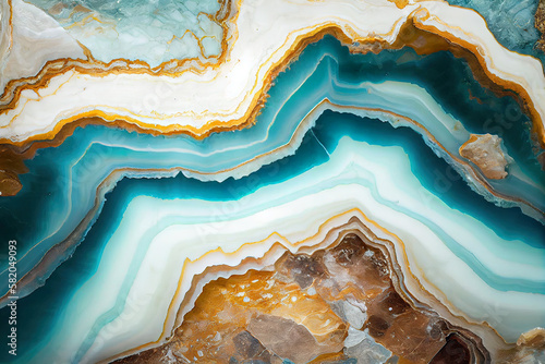 Natural geode stone background, teal blue and golden colors photo