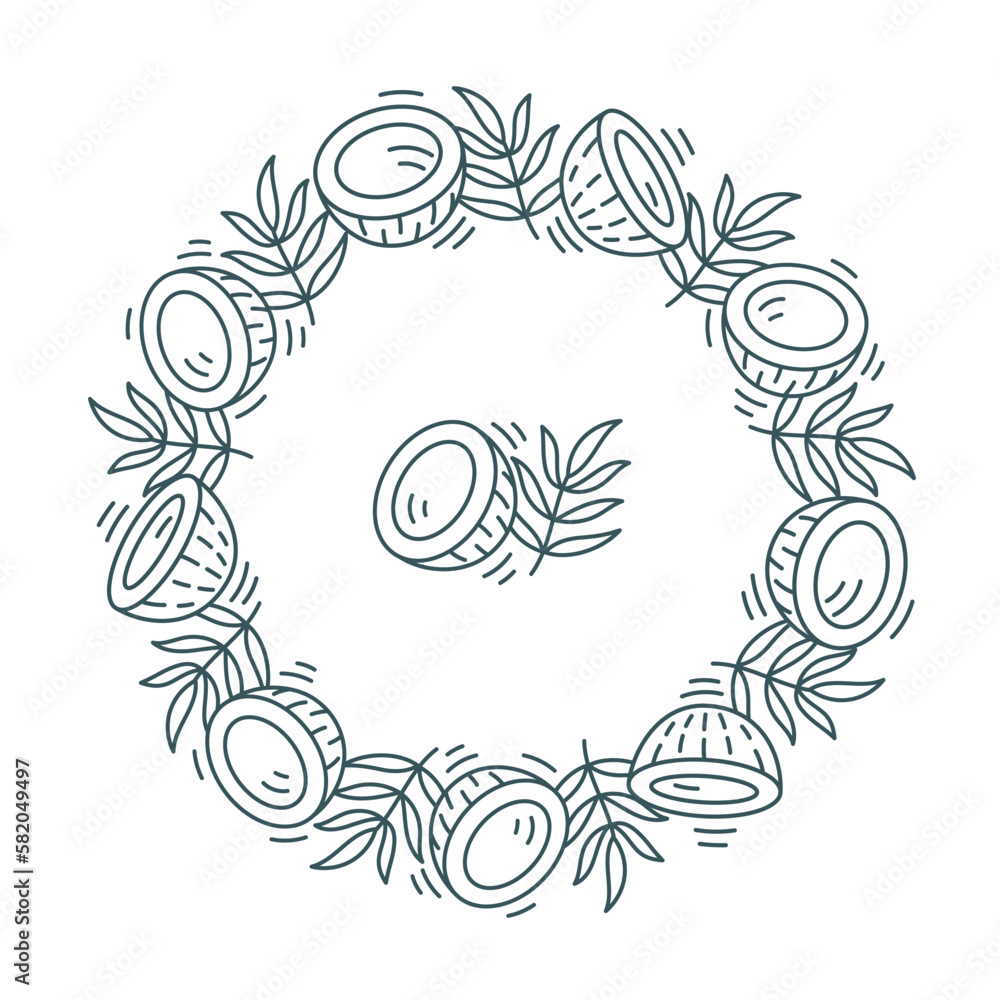 Coconut circle frame. Line ornament background. Editable outline stroke. Vector line.