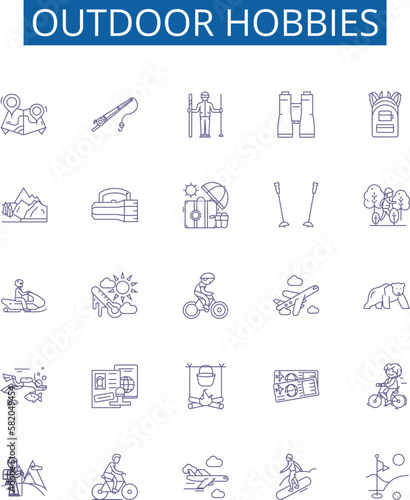 Outdoor hobbies line icons signs set. Design collection of Hiking, Camping, Fishing, Hunting, Climbing, Kayaking, Canoeing, Surfing outline concept vector illustrations
