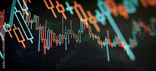 price graph and indicator, red and green candlestick chart on blue theme screen, market volatility, up and down trend.