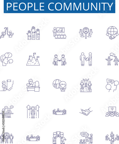 People community line icons signs set. Design collection of Community, People, Network, Group, Communitas, Linkage, Unity, Fellowship outline concept vector illustrations