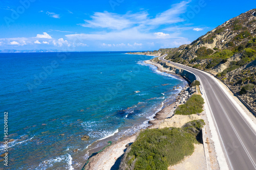 Aerial view of Amiros Beach along the beautiful country road called Epar.Od. Kalavardas-Empona . Located in the northwestern part of the Greek island of Rhodes. photo