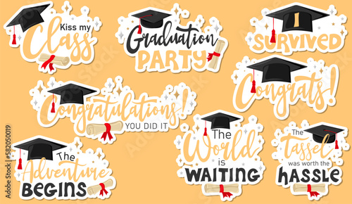 Sticker pack of inspiration and motivation graduation party quotes with graduation cap and scroll of diploma. Congrats grad. Vector illustration