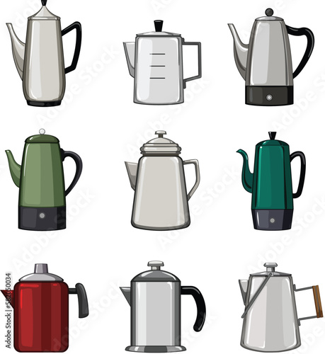 percolator pot coffee set cartoon vector illustration