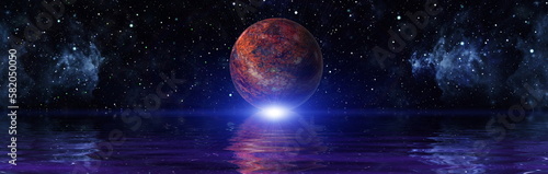 Beautiful unusual space planet in space reflected in water, galaxy stars night sky ,Elements of this Image Furnished by NASA