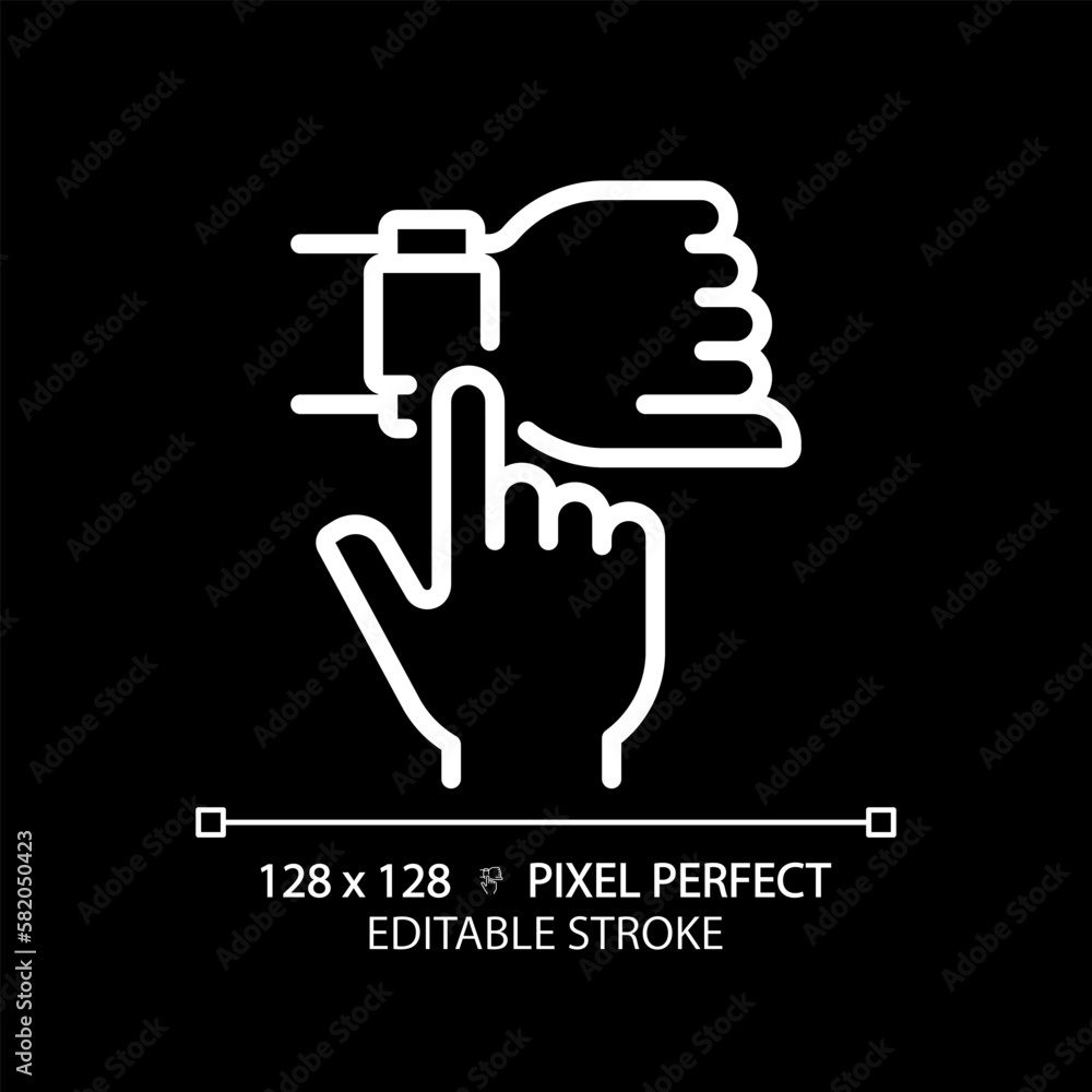 Hand with smart watch pixel perfect white linear icon for dark theme. Digital wristwatch with useful appliances. Thin line illustration. Isolated symbol for night mode. Editable stroke Hand with smart watch pixel perfect white linear icon for dark theme. Digital wristwatch with useful appliances. Thin line illustration. Isolated symbol for night mode. Editable stroke