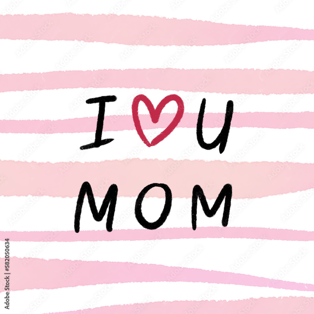Φωτογραφία Hand written I Love You Mom with red heart line on pastel pink and coral stripes watercolor background design for cards, poster, banner, backdrop, T-shirt, notebook