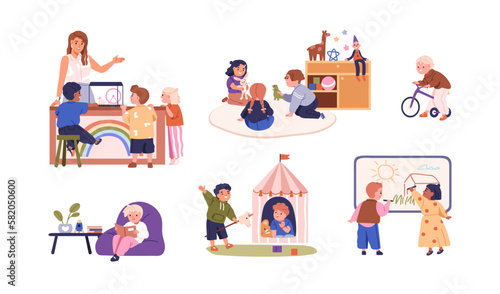 Childrens activities, funs in kindergarten class set. Kids playing with toys in nursery classrooms. Happy boys, girls drawing on board, reading. Flat vector illustrations isolated on white background