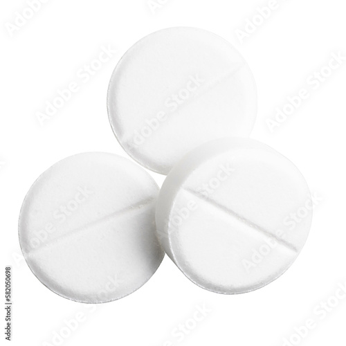 White round pills, group of drugs and tablets for treatment, isolated on transparent background, medicine and healthcare concept, top view