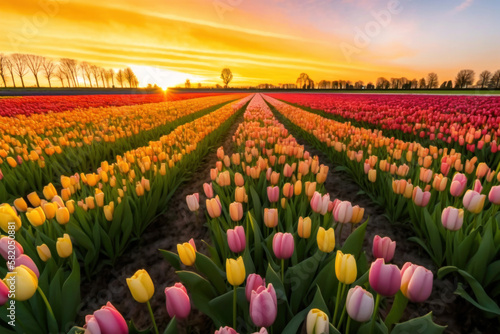 Tulip field and beautiful golden hour sky  Generative AI