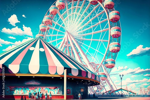 entertainment pavilion and large ferris wheel in amusement park, created with generative ai