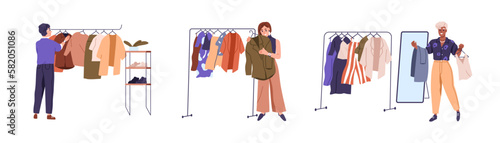 Tela Fashion women choosing modern clothes on hanger rails