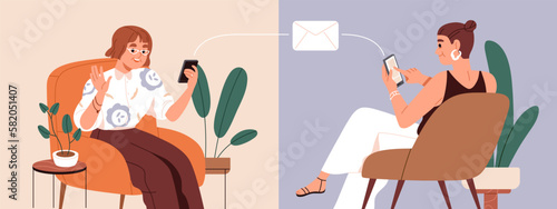 Modern senior elderly women friends during online communication by mobile pho...