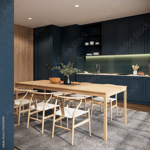Modern classic kitchen with wooden furniture and details, minimalistic interior design 3D rendering