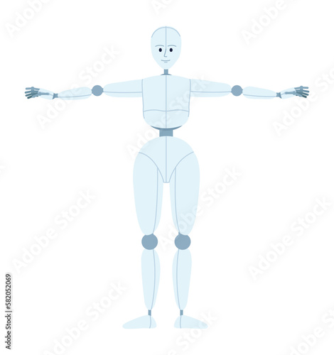 Humanoid robot exercising semi flat color vector character. Human-like dance movement. Editable full body figure on white. Simple cartoon style spot illustration for web graphic design and animation