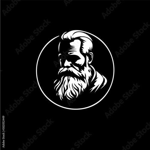 Bearded old man bust logo template, Santa Claus monument emblem, sage stamp, grandfather tattoo sketch. Hand drawing emblem on black background for body art, monochrome art. Vector illustration