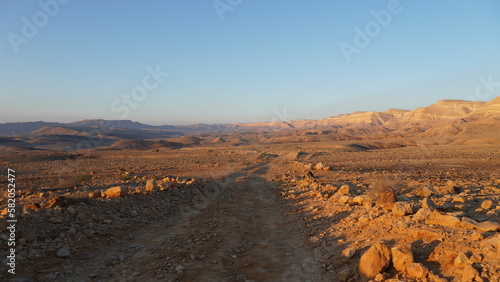 Negev desert landscape at sunrise on the bottom of the crater Makhtesh Gadol, in the south of Israel photo