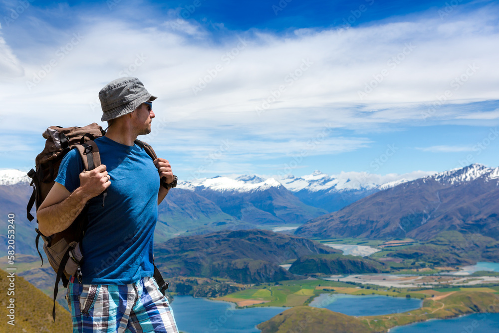 hiker looking at the horizon. Wanaka lake. New Zealand
