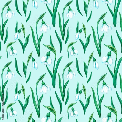 Seamless floral pattern with watercolor snowdrops. White - blue flowers and buds with green leaves and stems on a delicate, green - blue background. Design for fabric, textile, wrapping paper.