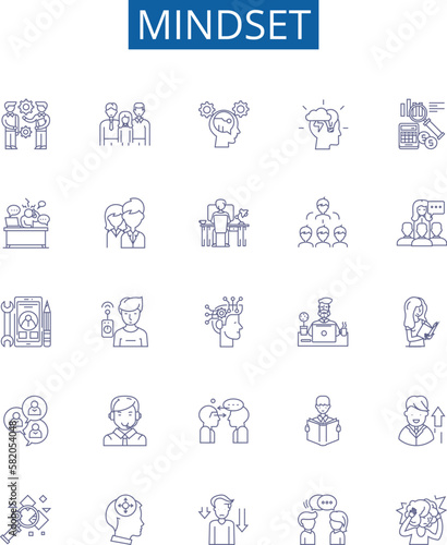 Mindset line icons signs set. Design collection of Attitude, Outlook, Perspective, Psyche, Disposition, Worldview, Thinking, Tenor outline concept vector illustrations