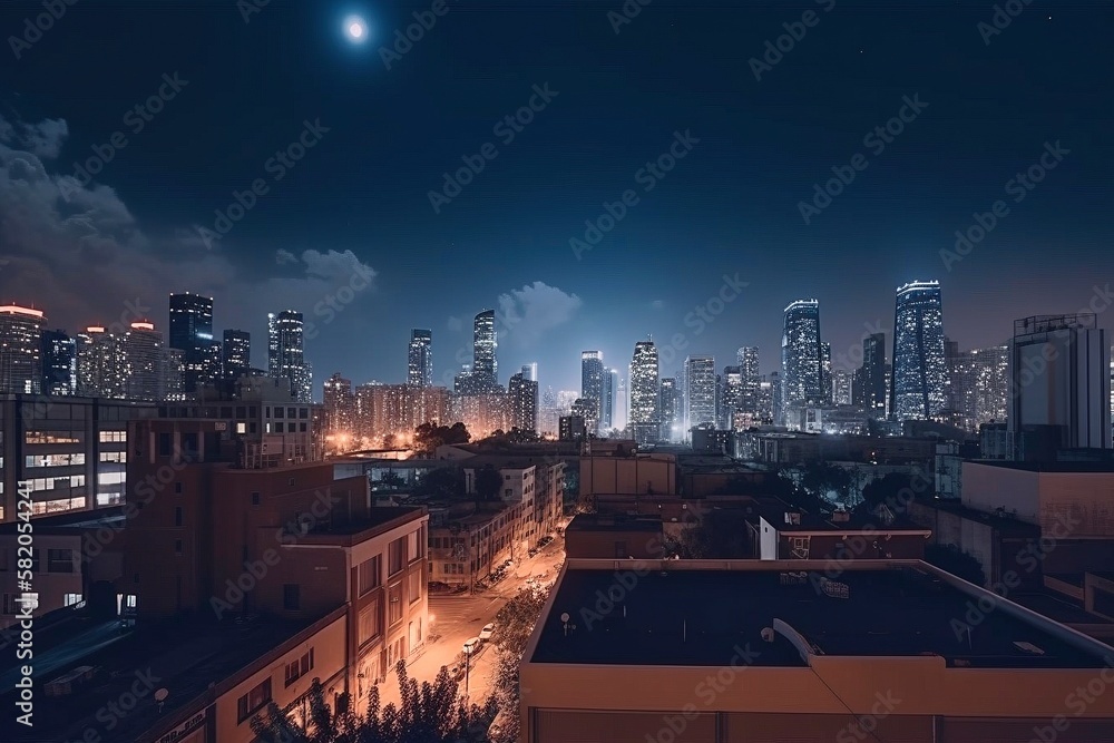 Stunning Panoramic View of Downtown with Illuminated Skyscrapers at Night, AI-Generated