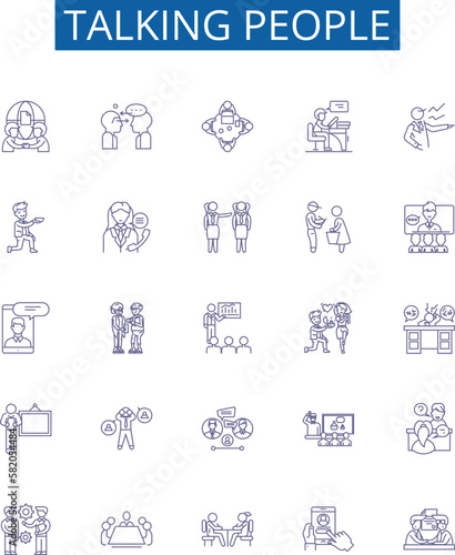 Talking people line icons signs set. Design collection of Conversing, Chatting, Orating, Speaking, Interacting, Dialogue, Gossiping, Debating outline concept vector illustrations
