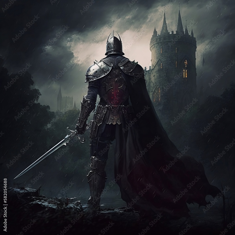 Naklejka premium Knight With Sword Drawn Standing Before a Castle Generative AI