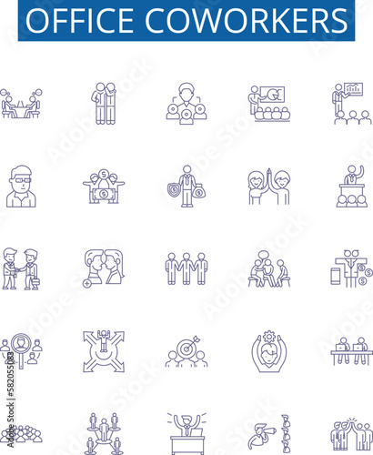 Office coworkers line icons signs set. Design collection of Colleagues, peers, staff, team, associates, cubemates, workmates, office mates outline concept vector illustrations