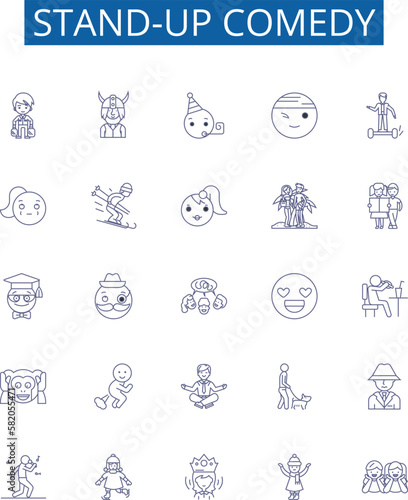 Stand-up comedy line icons signs set. Design collection of Humor, Jokes, Comedians, Spoofs, Punchlines, Laughing, Monologue, Wits outline concept vector illustrations