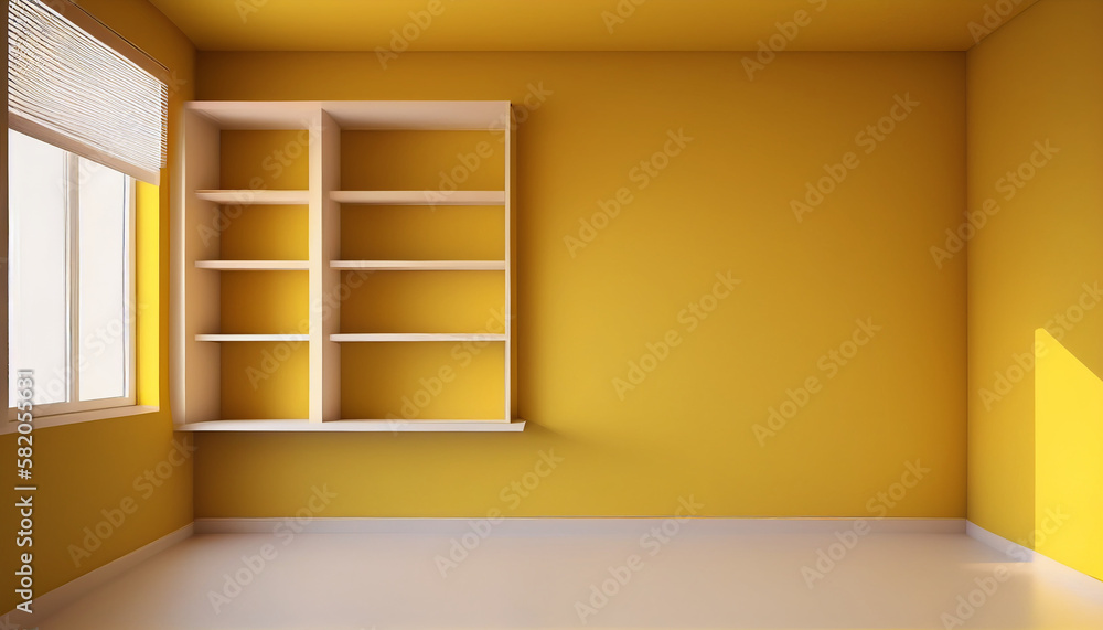 Yellow background empty room studio with shelf yellow gallery room with copy space, Generative AI Yellow background empty room studio with shelf yellow gallery room with copy space, Generative AI