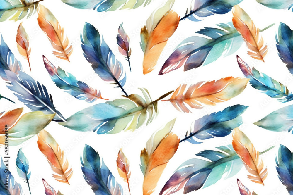 flat watercolor feather repeating pattern. generative ai 