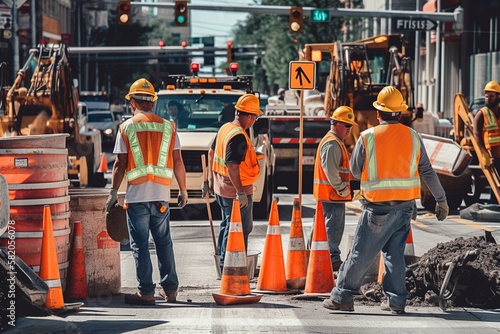 Busy Road Work Zone with Workers on Town Street, Construction, Barricades, Cones, and Signs