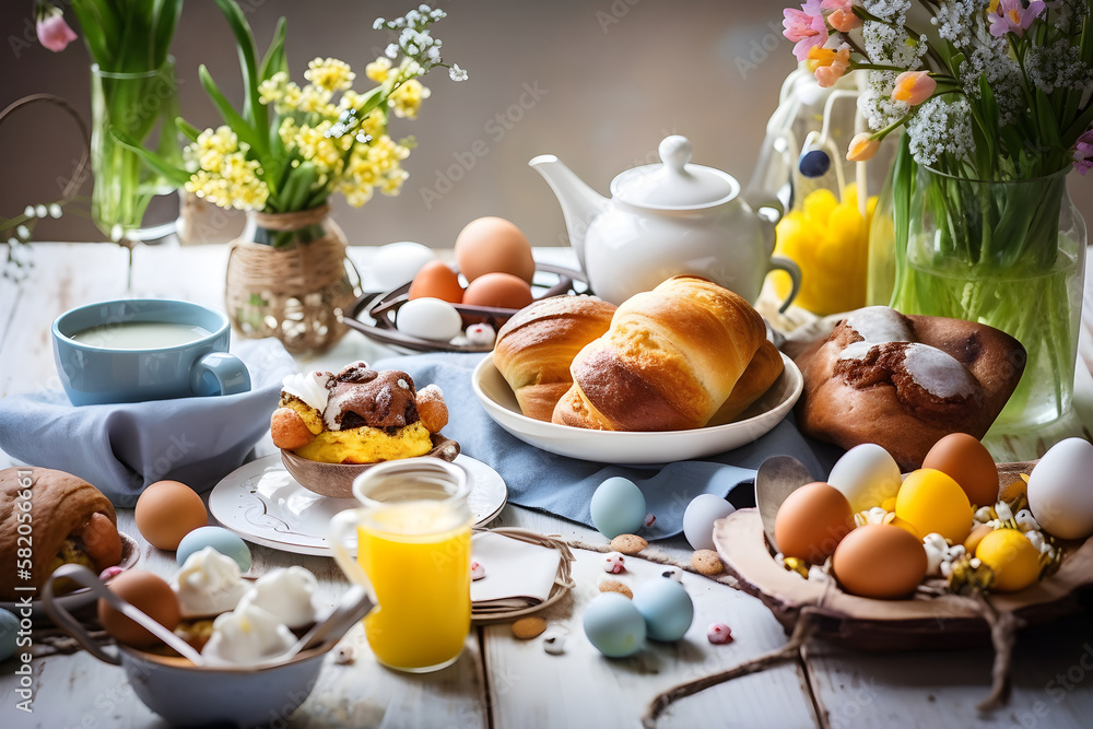 Easter sunday breakfast with different food, painted eggs and Easter decoration. Generative AI Easter sunday breakfast with different food, painted eggs and Easter decoration. Generative AI
