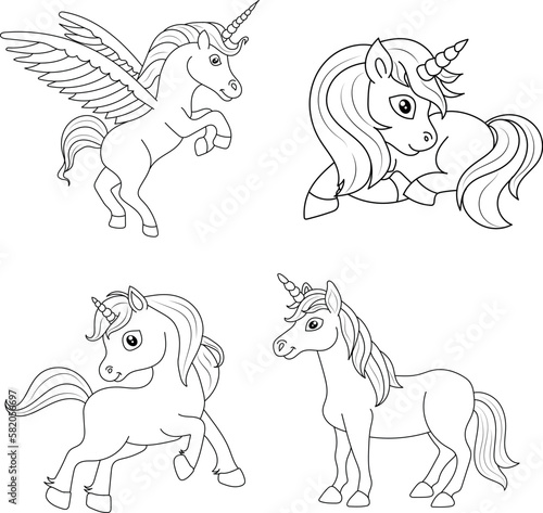 Line art unicorn kids illustration for Children coloring book page