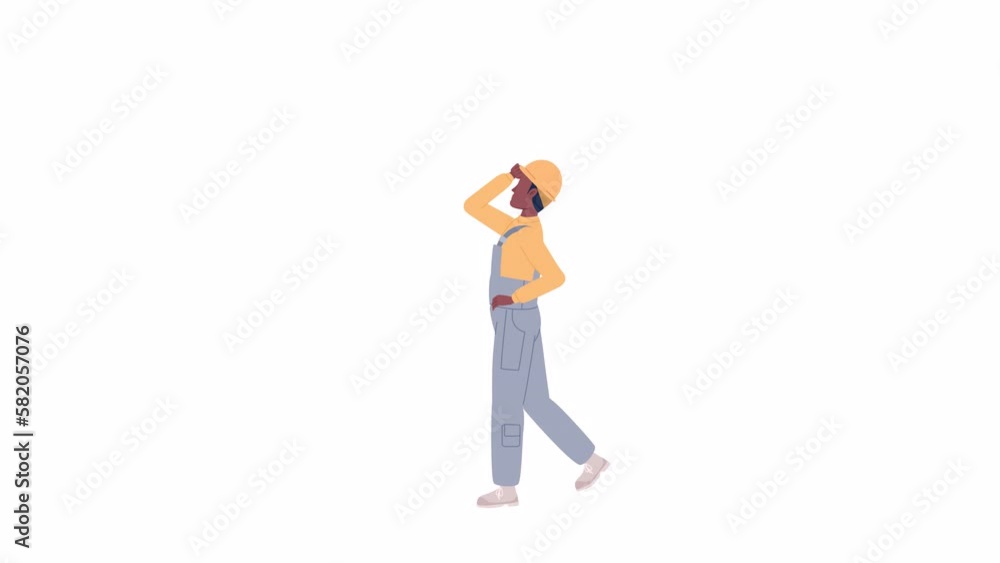 Animated construction laborer. Man in uniform and hard hat. Employee on jobsite. Flat character animation on white background with alpha channel transparency. Color cartoon style 4K video footage Animated construction laborer. Man in uniform and hard hat. Employee on jobsite. Flat character animation on white background with alpha channel transparency. Color cartoon style 4K video footage