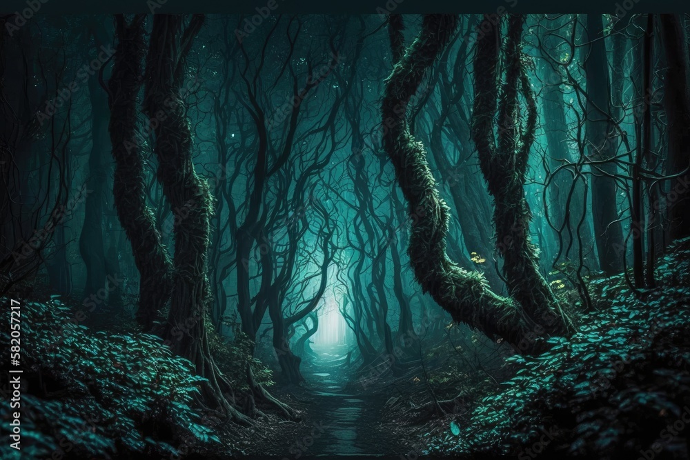 dark and mysterious forest with towering trees, a misty atmosphere, and ...