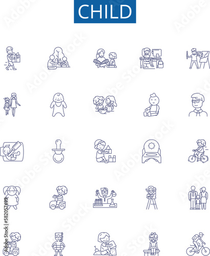 Child line icons signs set. Design collection of Infant, Kid, Toddler, Baby, Youth, Minor, Preschooler, Adolescent outline concept vector illustrations